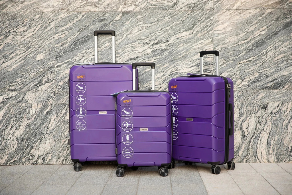 Set of three Nova Mart Travelhouse hardshell luggage suitcases with TSA locks, durable polypropylene material, and modern design.