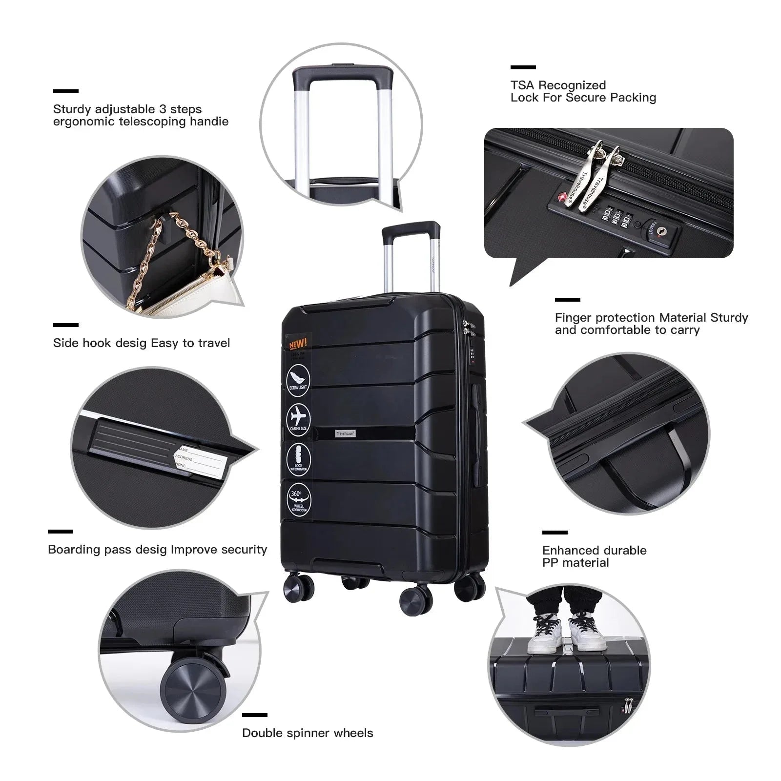 Travelhouse 3-piece PP hardshell luggage set with TSA locks, featuring durable suitcases in black for travel convenience.