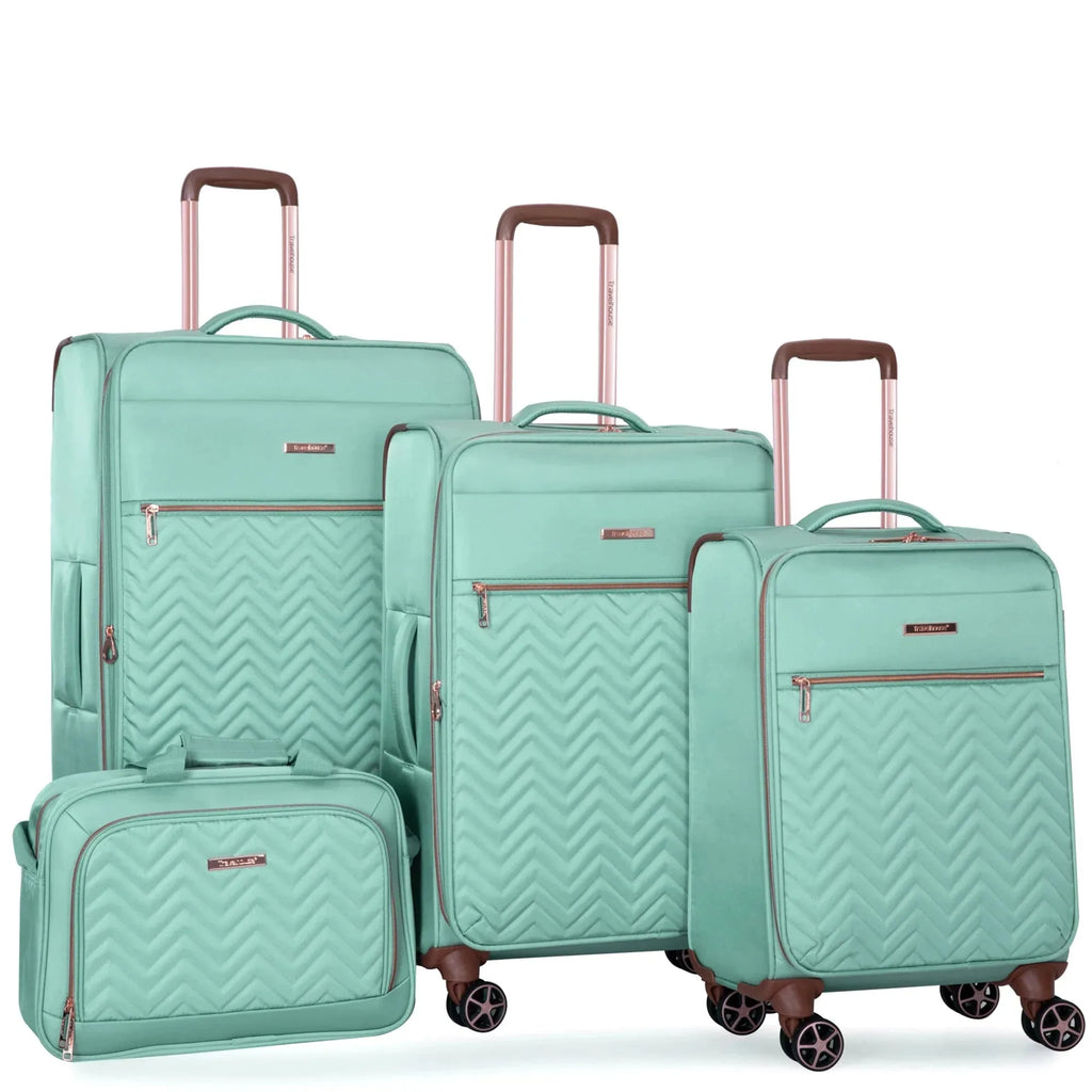 Travelhouse 4-piece softside expandable luggage set with spinner wheels by Nova Mart, showcasing four suitcases with handles and wheels.