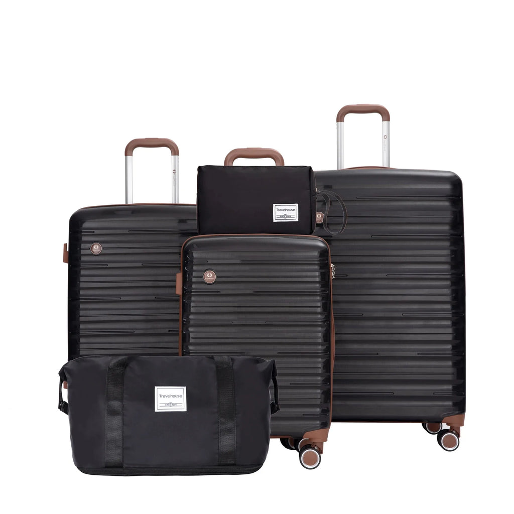 Travelhouse 5-piece hardcase luggage set with matching duffel bag in black, featuring sturdy wheels and telescopic handles.