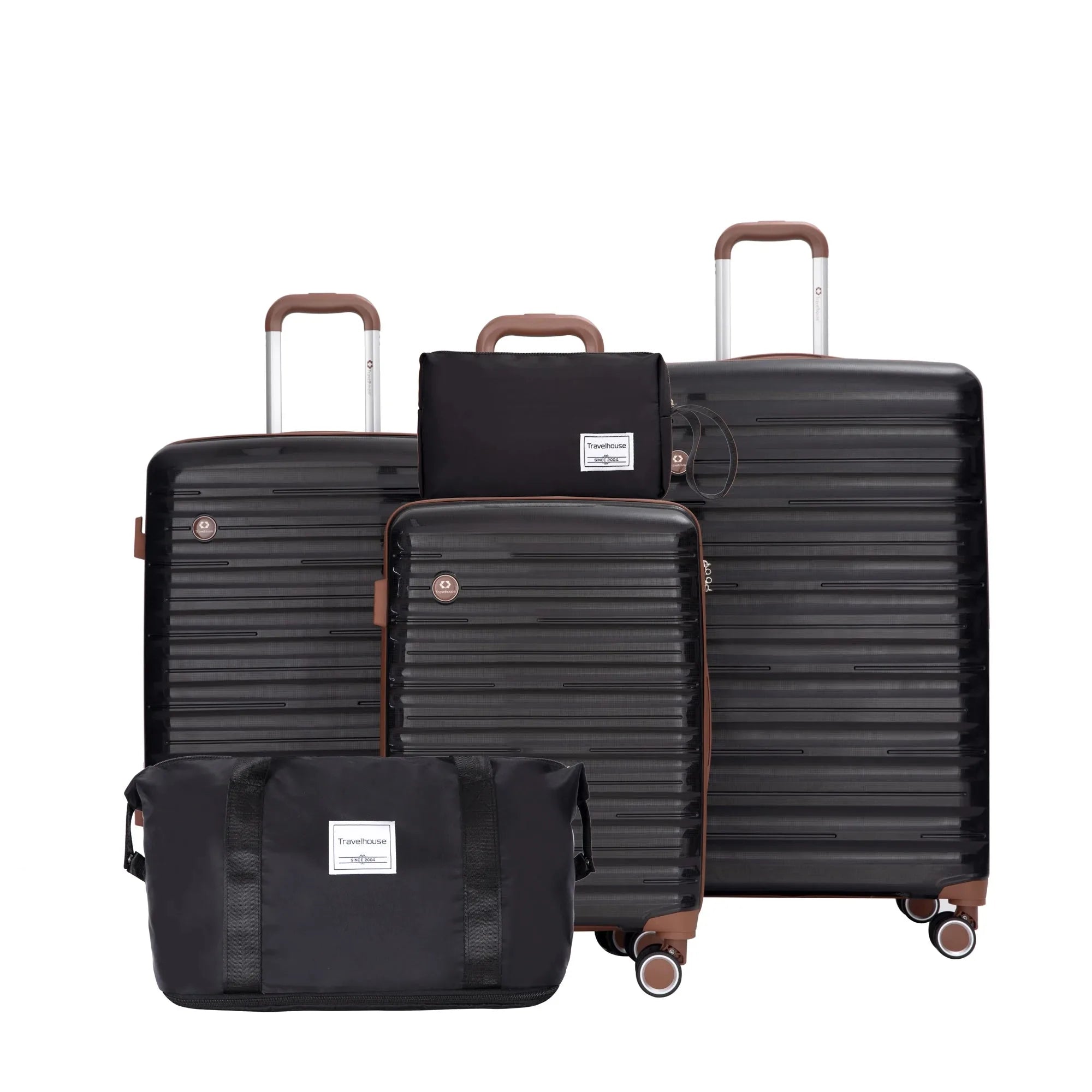 Travelhouse 5-piece hardcase luggage set with matching duffel bag in black, featuring sturdy wheels and telescopic handles.