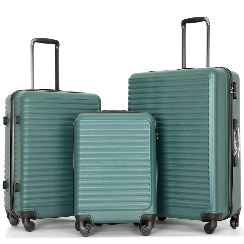 Three-piece Nova Mart Travelhouse hardside luggage set with durable ABS shells and TSA locks, shown stacked for travel.