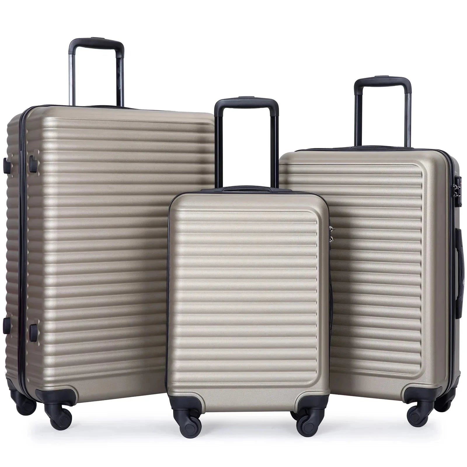 Three-piece Nova Mart Travelhouse hardside luggage set with durable ABS material and TSA locks, shown stacked on a neutral background.