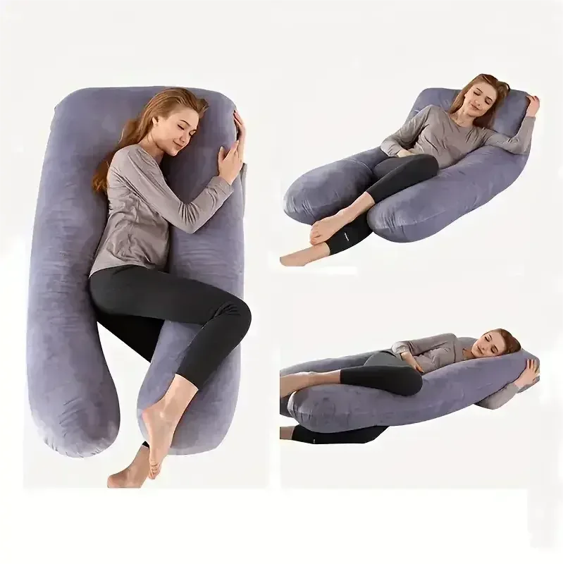 U-shaped maternity body pillow by Nova Mart with removable cover, designed for side sleepers and pregnant women.