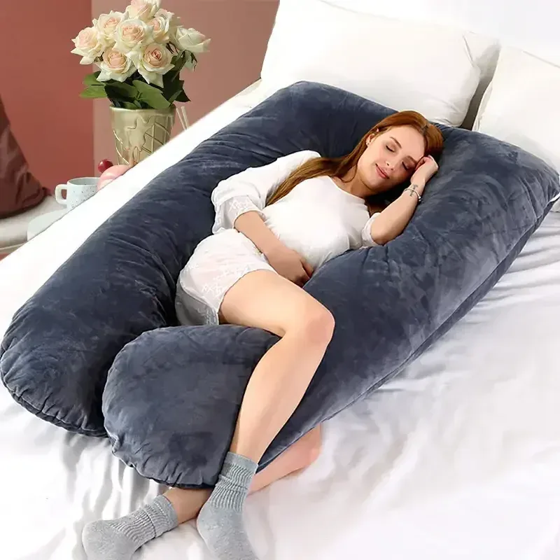 Soft fleece U-shaped pregnancy pillow by Nova Mart designed for comfortable side sleeping and maternity support.