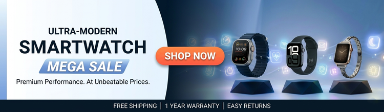 Condensed landscape banner for an ultra-modern smartwatch mega sale, featuring three types of smartwatches, a bold Shop Now button, and a 1-year warranty and free shipping offer at unbeatable prices.