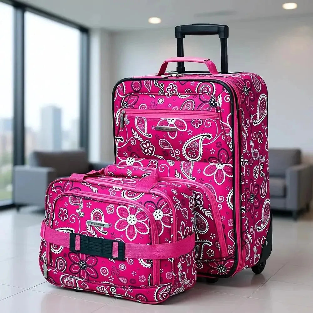 Pink Nova Mart 2-piece expandable luggage set with wheels and handle, includes 14-inch and 19-inch upright suitcases.
