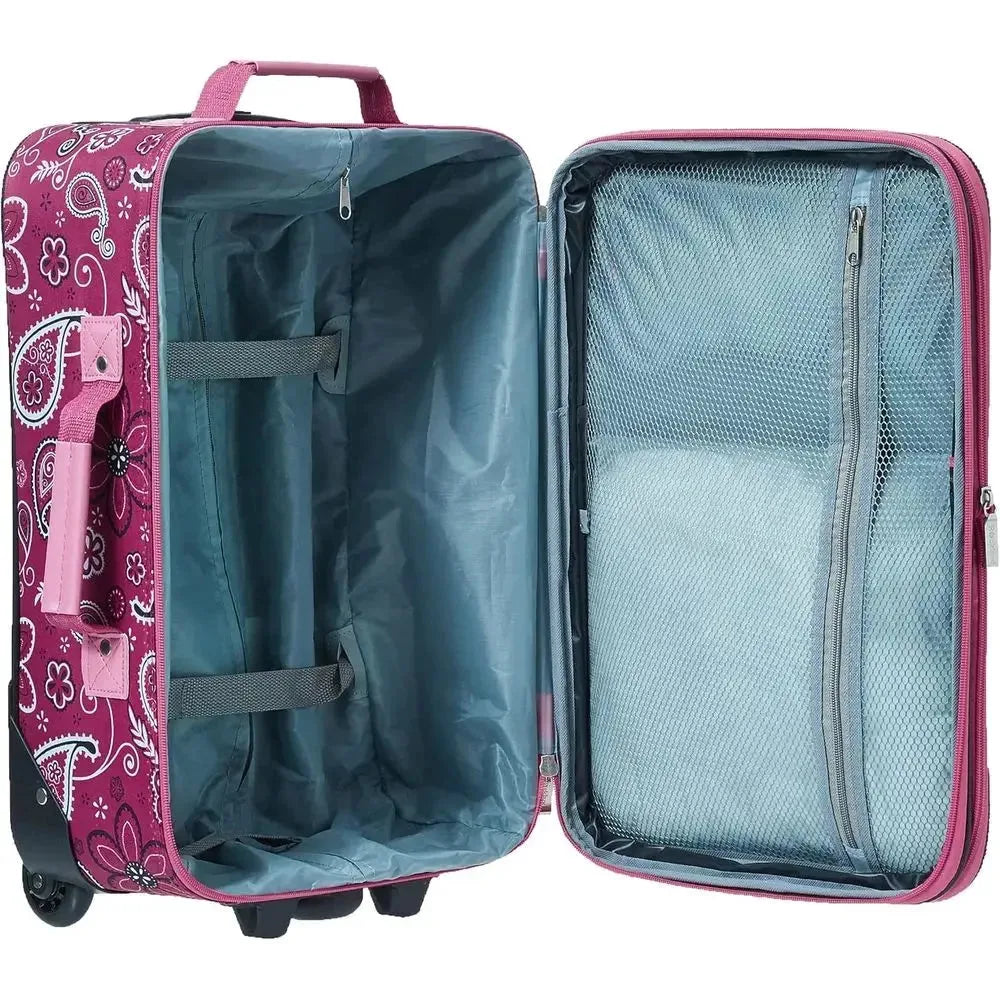 Pink Nova Mart upright expandable 2-piece luggage set with wheels and handle, includes 14-inch and 19-inch suitcases.