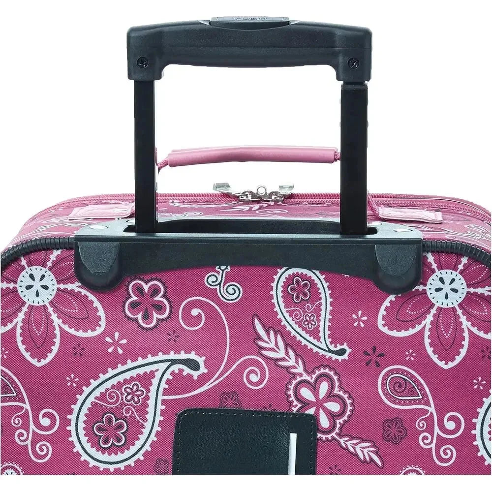 Pink Nova Mart 2-piece expandable upright luggage set with wheels and handle, includes 14-inch and 19-inch suitcases.