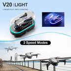 Nova Mart V20 RC Drone with WiFi FPV and dual 6K HD cameras, flying over a scenic landscape with clear blue skies.