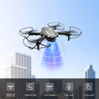 Nova Mart V20 RC Drone with WiFi FPV and dual 6K HD cameras, showcasing the drone flying outdoors with camera view.