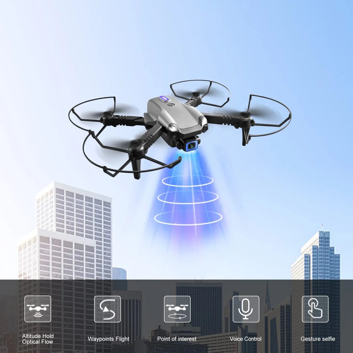 Nova Mart V20 RC Drone with WiFi FPV and dual 6K HD cameras, showcasing the drone flying outdoors with camera view.