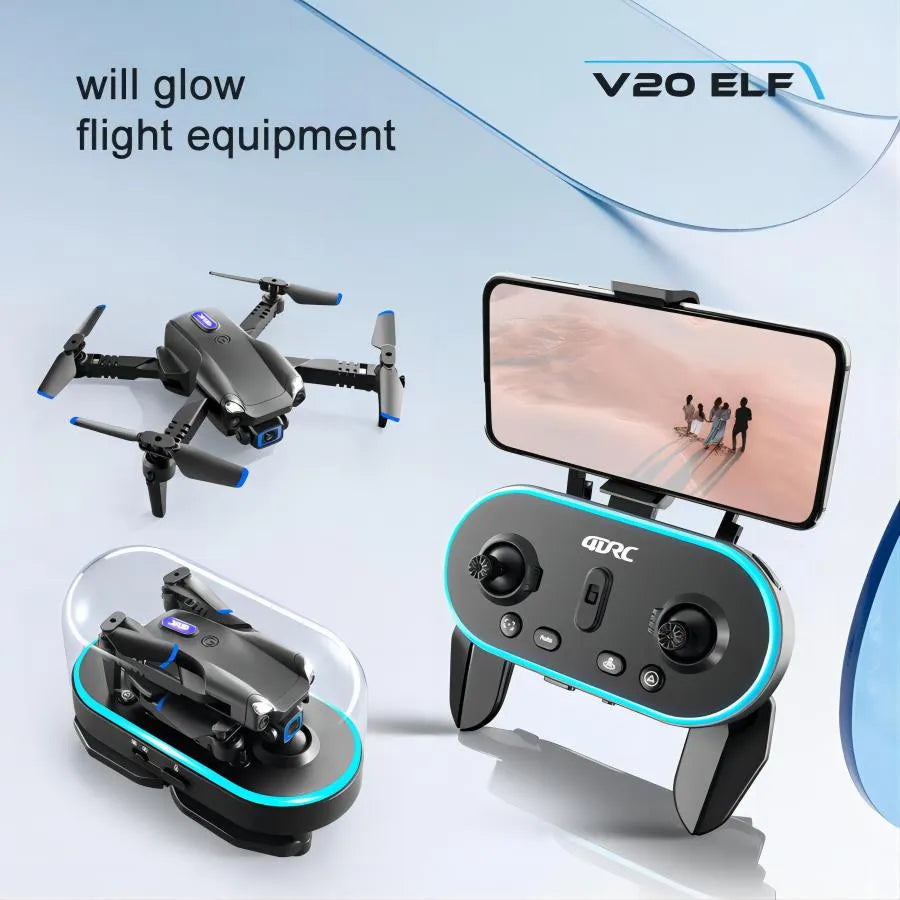 Nova Mart V20 RC Drone with WiFi FPV and dual 6K HD cameras, showcasing the drone flying with camera view in the image.