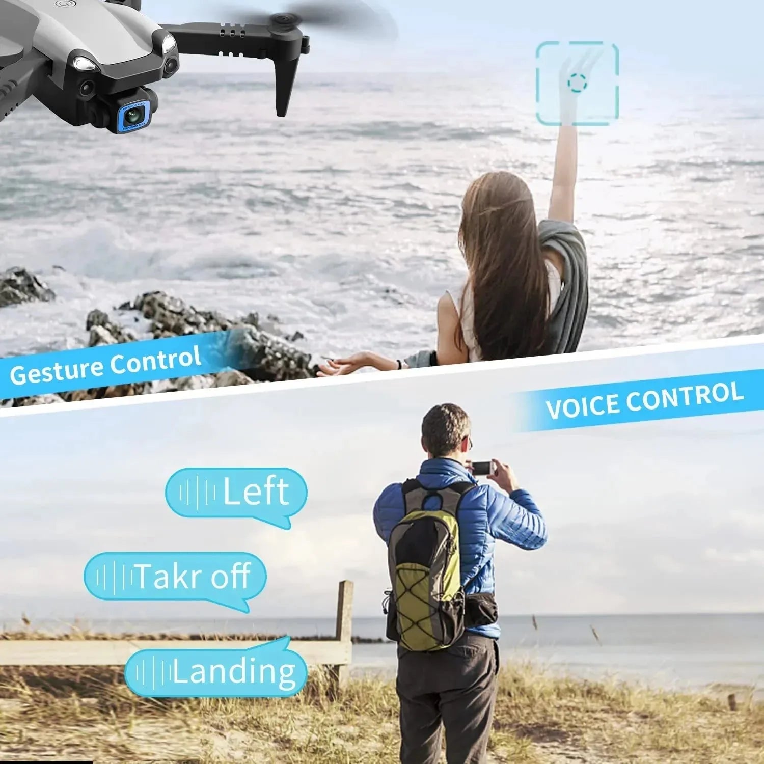 Nova Mart V20 RC Drone with WiFi FPV and dual 6K HD cameras, showing the drone flying outdoors with propellers spinning.