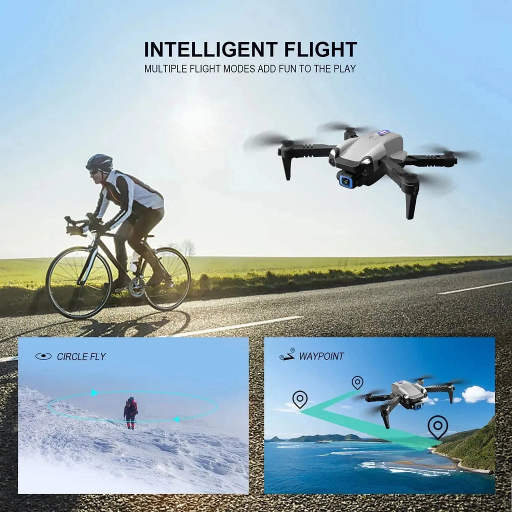 Nova Mart V20 RC Drone with WiFi FPV and dual 6K HD cameras, showcasing the drone flying outdoors in bright daylight.
