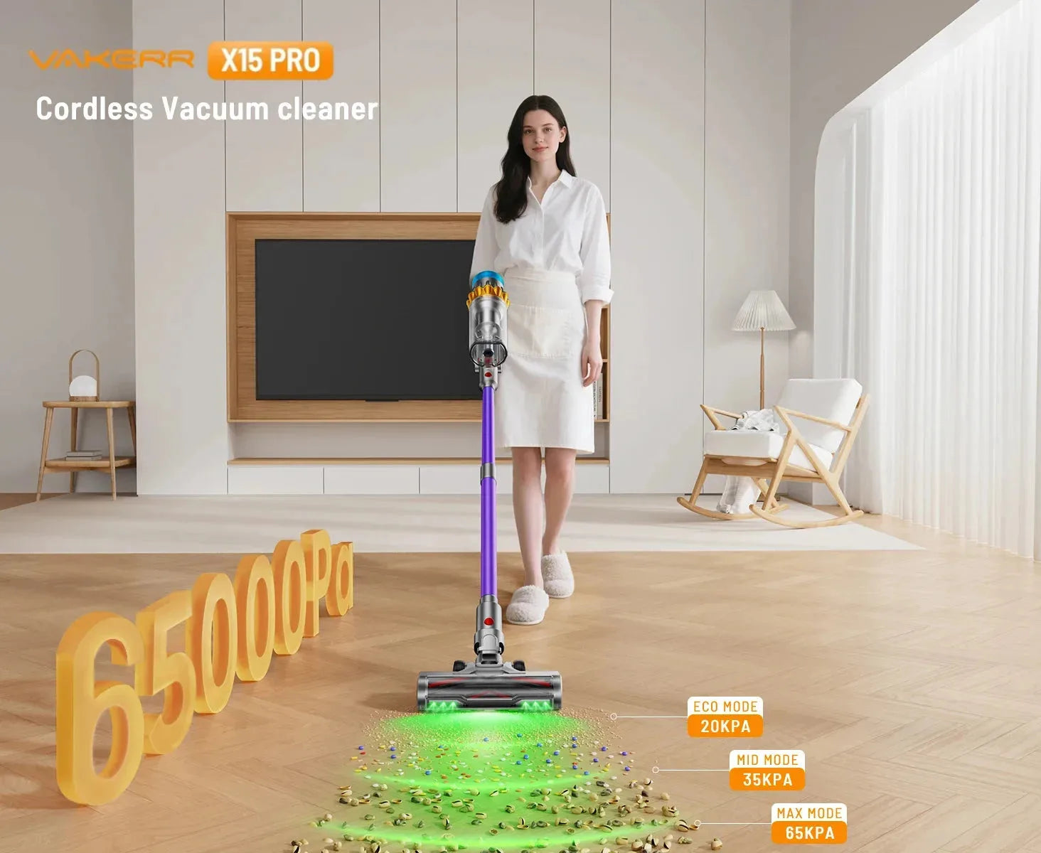 VAKERR X15 Pro cordless vacuum cleaner by Nova Mart with 65Kpa suction, 650W motor, and 70-minute runtime, shown upright.