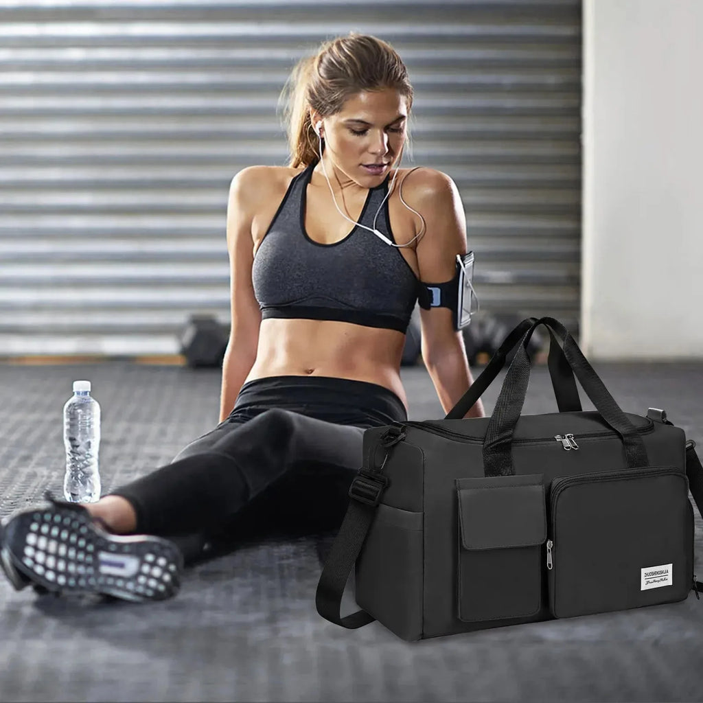 Waterproof Nova Mart sports duffel bag with dry and wet compartments, designed for versatile sports and travel use.