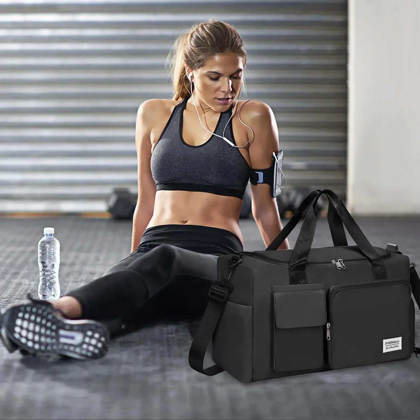 Waterproof Nova Mart sports duffel bag with dry and wet compartments, designed for versatile sports and travel use.