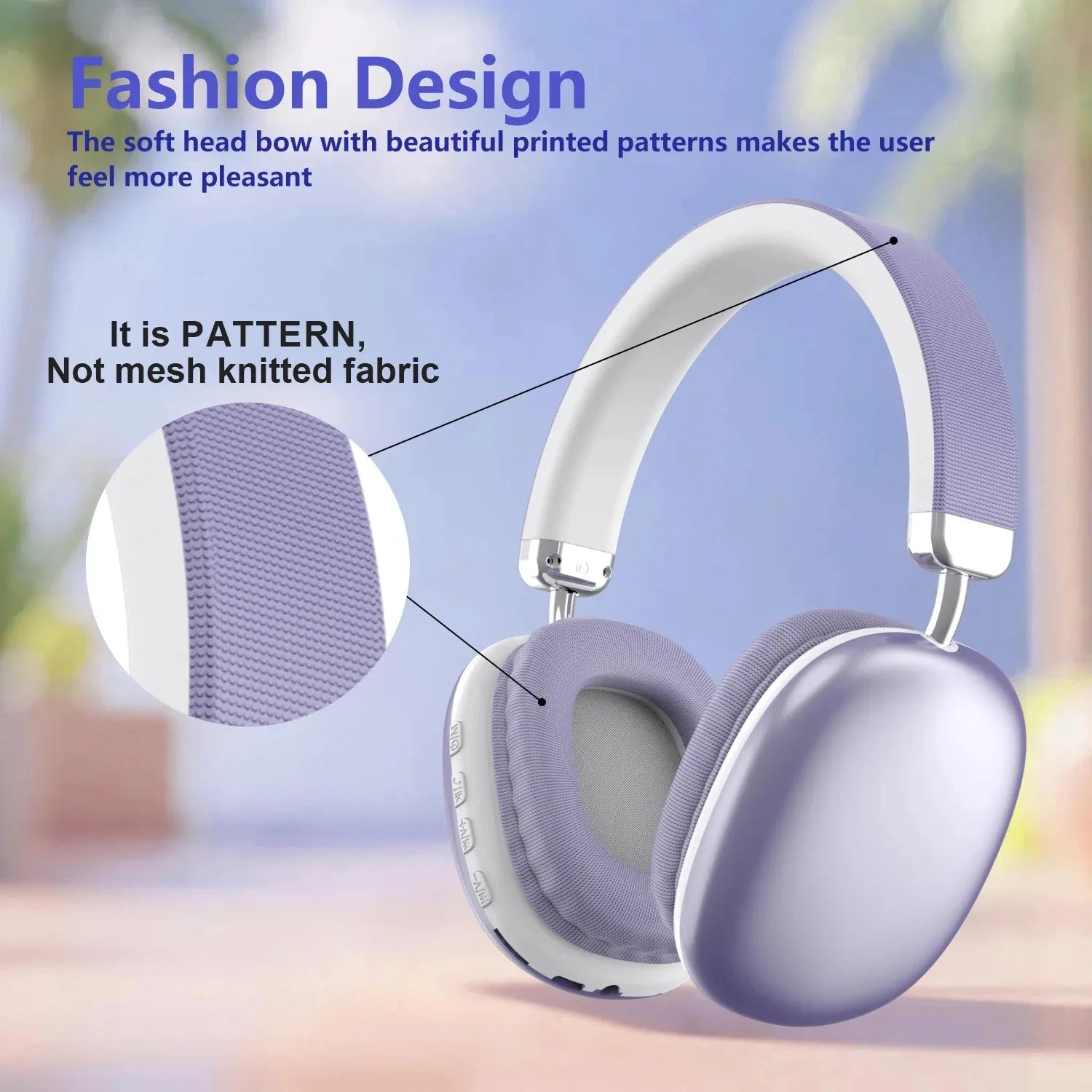 Purple Nova Mart wireless Bluetooth over-ear headphones with HiFi sound, built-in mic, and memory card slot.
