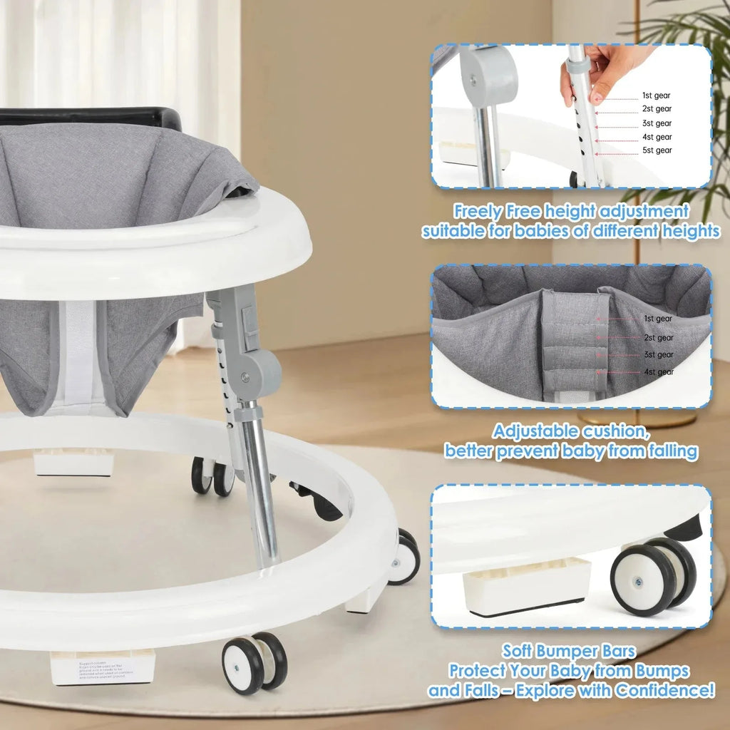 Foldable Nova Mart Wismind baby walker with adjustable height and activity tray, featuring a sturdy frame and colorful play surface.