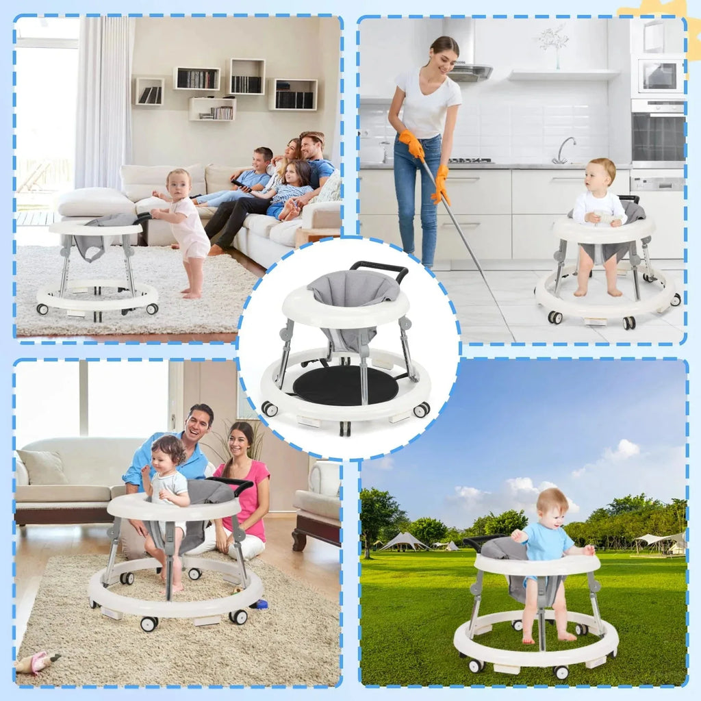Foldable Nova Mart Wismind baby walker with adjustable height and activity tray, showing the compact design and colorful features.