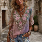 Women's 3D print V-neck artistic top by Nova Mart featuring vibrant, intricate floral patterns and lightweight fabric.