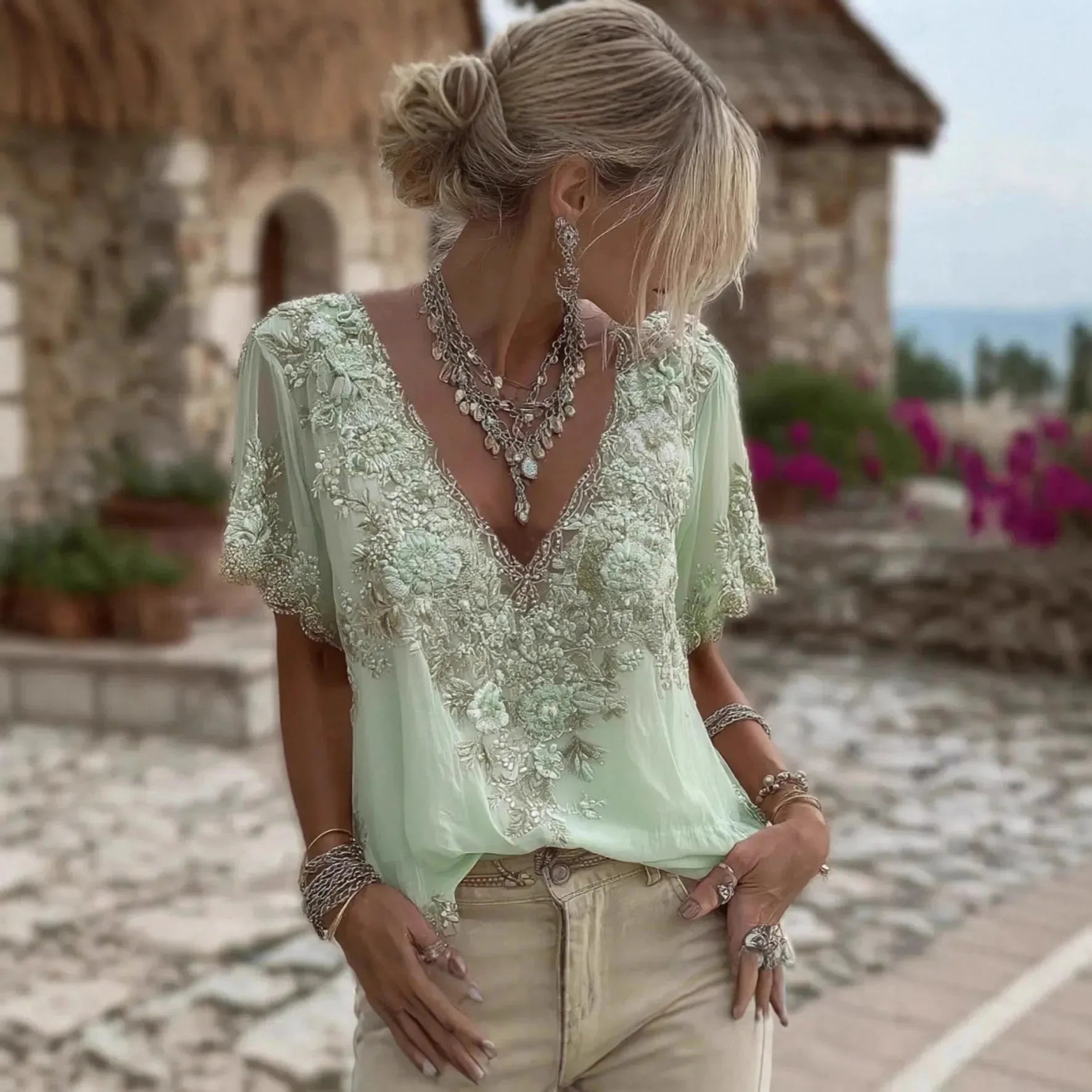 Women's 3D print V-neck artistic top by Nova Mart featuring vibrant, colorful abstract design and lightweight fabric.
