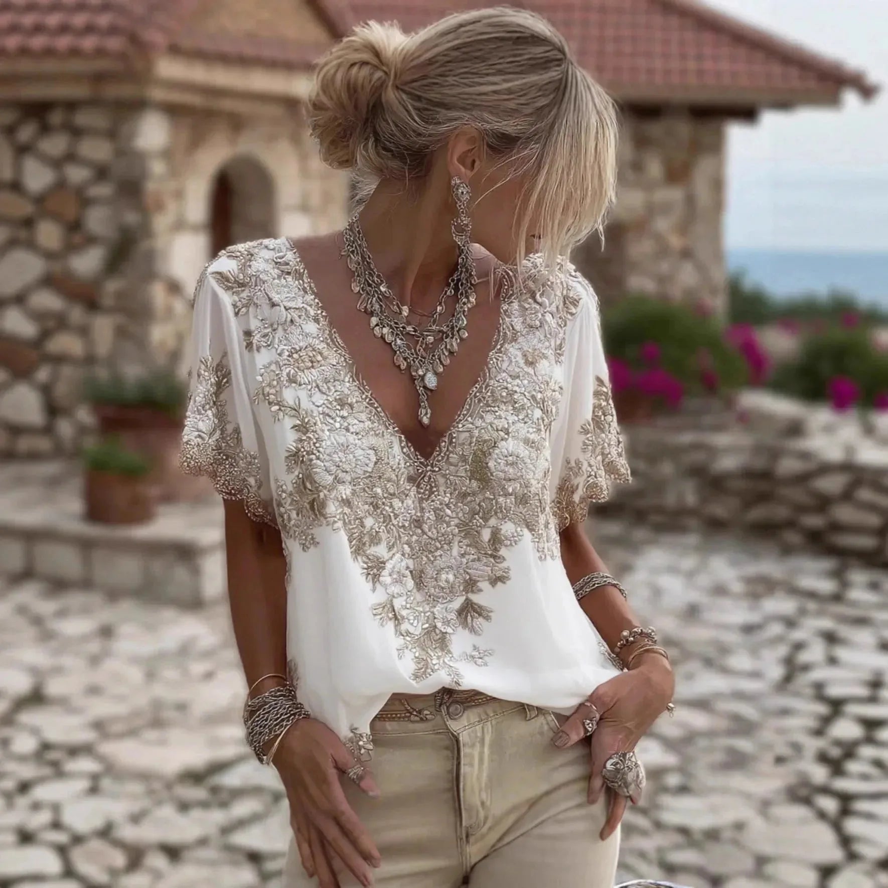 Women's 3D print V-neck artistic top by Nova Mart featuring vibrant, textured fabric and a stylish V-neck design.