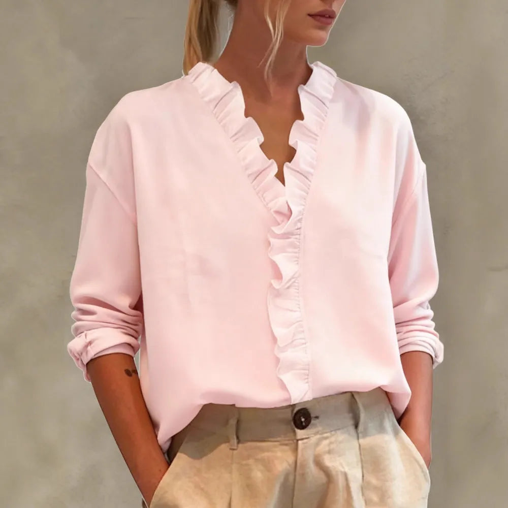 Women's casual long-sleeve V-neck blouse with lace trim from Nova Mart, featuring a soft fabric and elegant design.