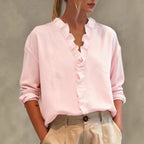 Women's casual long-sleeve V-neck blouse with lace trim from Nova Mart, featuring a soft fabric and elegant design.