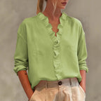 Women's casual long-sleeve V-neck blouse with lace trim by Nova Mart, featuring a comfortable fit and elegant design.