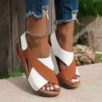 Women's colorblock wedge sandals by Nova Mart with platform sole and Roman-inspired design, featuring vibrant straps and chunky heel.