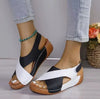 Women’s colorblock wedge sandals by Nova Mart featuring platform Roman-style shoes with mixed vibrant colors and open-toe design.