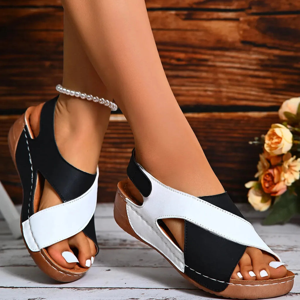 Women's colorblock wedge sandals by Nova Mart featuring platform Roman-style shoes with multi-color straps and chunky heels.