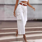 Women's contrast color wide-leg trousers by Nova Mart, featuring a stylish belt and relaxed fit.