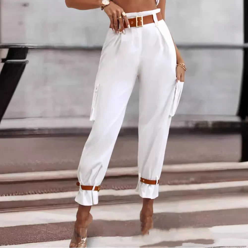 Women's contrast color wide-leg trousers from Nova Mart featuring a stylish belt and relaxed fit.