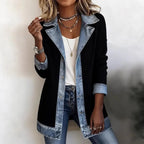 Women's denim patchwork lapel button-down jacket by Nova Mart, featuring stylish mixed denim patches and classic collar details.