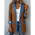 Women's denim patchwork lapel button-down jacket by Nova Mart, featuring a stylish patchwork design and classic collar.