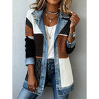 Women's denim patchwork lapel button-down jacket by Nova Mart showing front view with patchwork details and classic collar style.