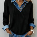 Women's denim-trim patchwork mock two-piece V-neck long-sleeve top by Nova Mart, featuring stylish patchwork design and V-neck detail.