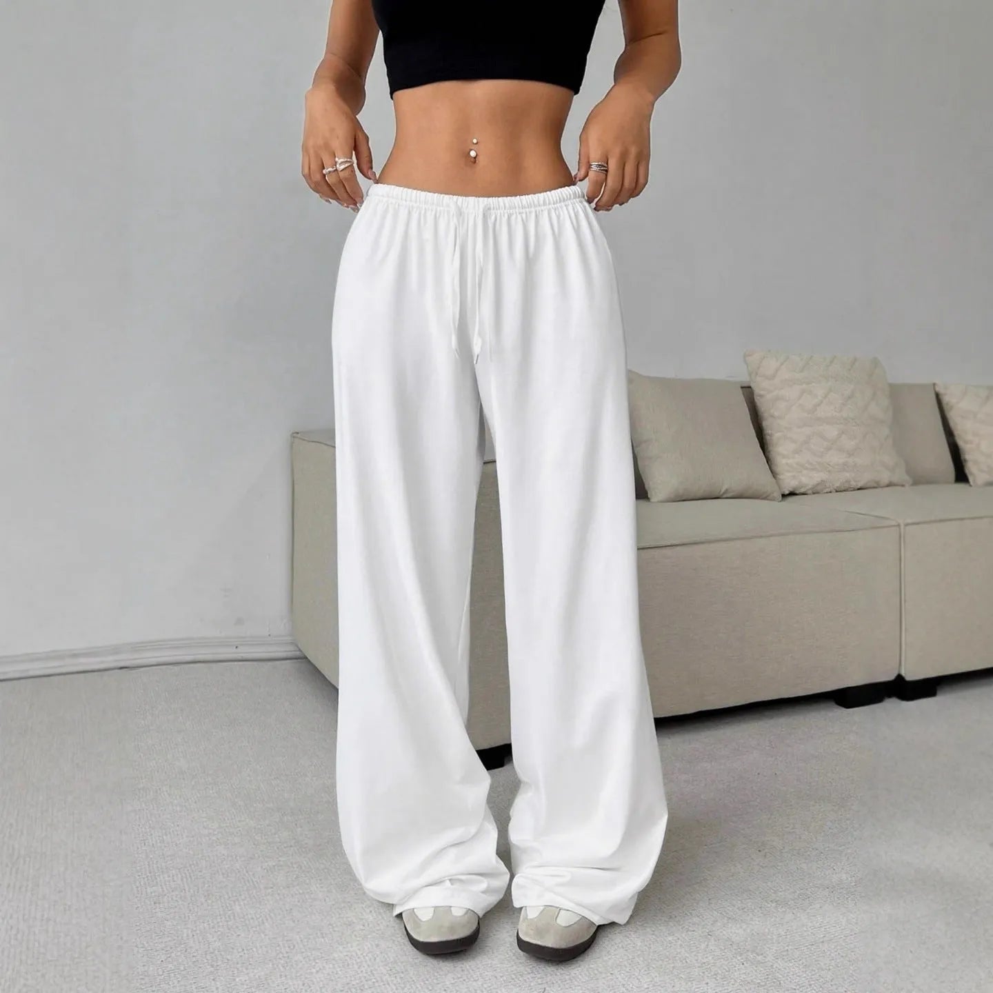 Women's elastic waist lace-up wide-leg casual pants from Nova Mart, featuring relaxed fit and stylish design.