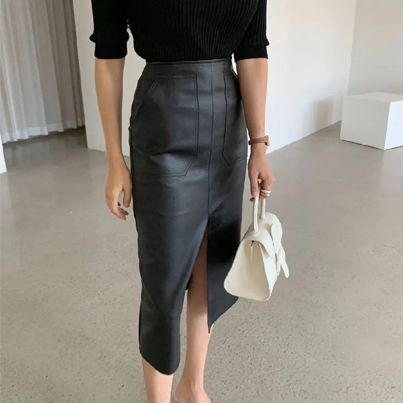 Women's elegant deep split maxi skirt by Nova Mart, flowing fabric with a high slit, perfect for stylish formal or casual wear.