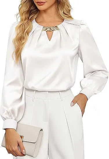 Elegant women's satin blouse by Nova Mart, featuring a stylish spring-summer top with a smooth, shiny fabric and sophisticated design.