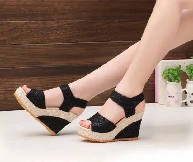 Women's flat bottom high heel sandals by Nova Mart, stylish open-toe shoes with ankle straps and block heels.