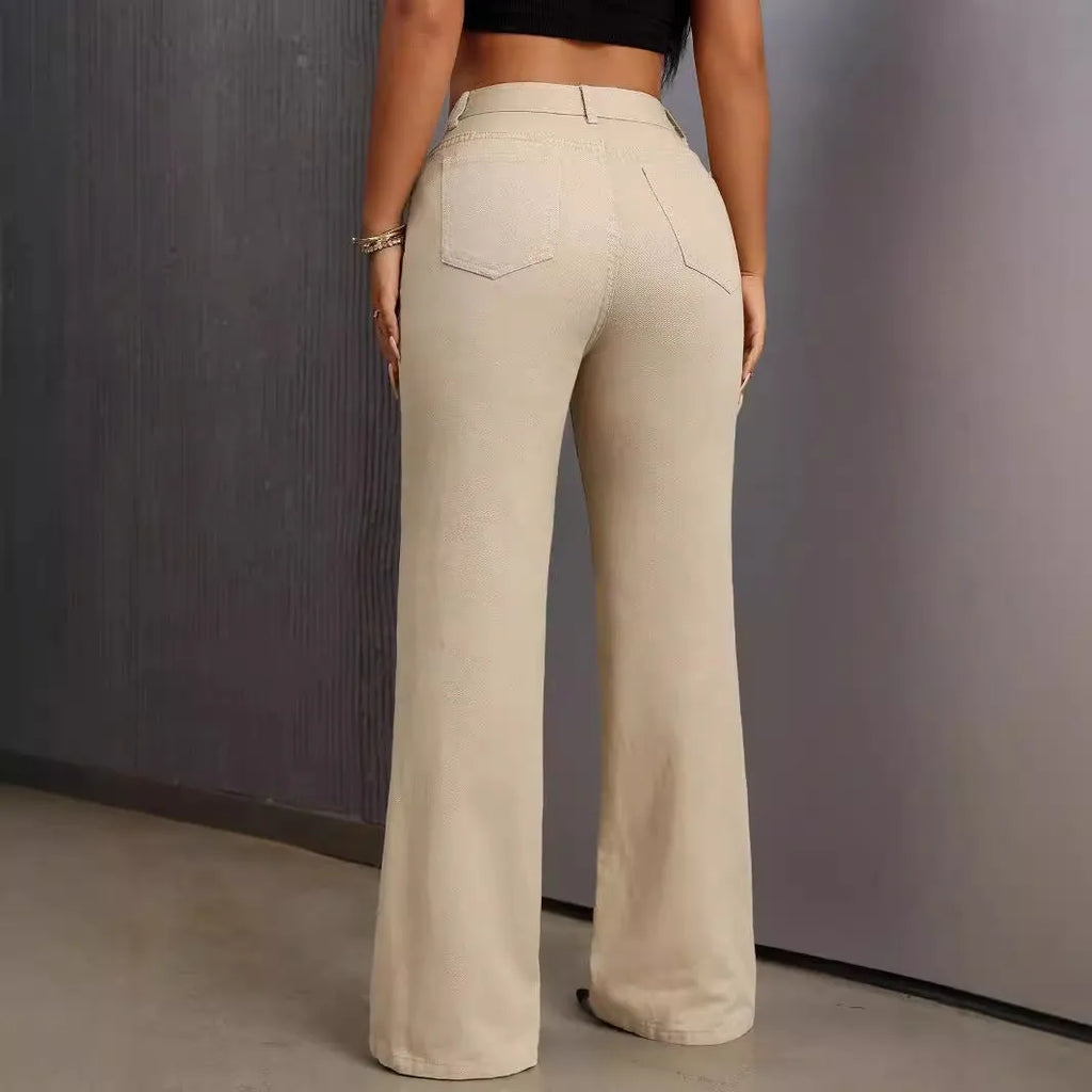 Women's wide-leg pull-on jeans by Nova Mart featuring a floor-sweeping length and comfortable, stylish fit.