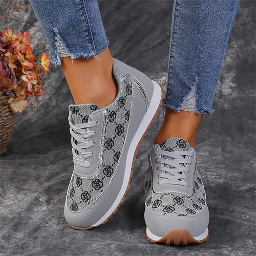 Women's Flower Print Lace-Up Sneakers – Lightweight Breathable