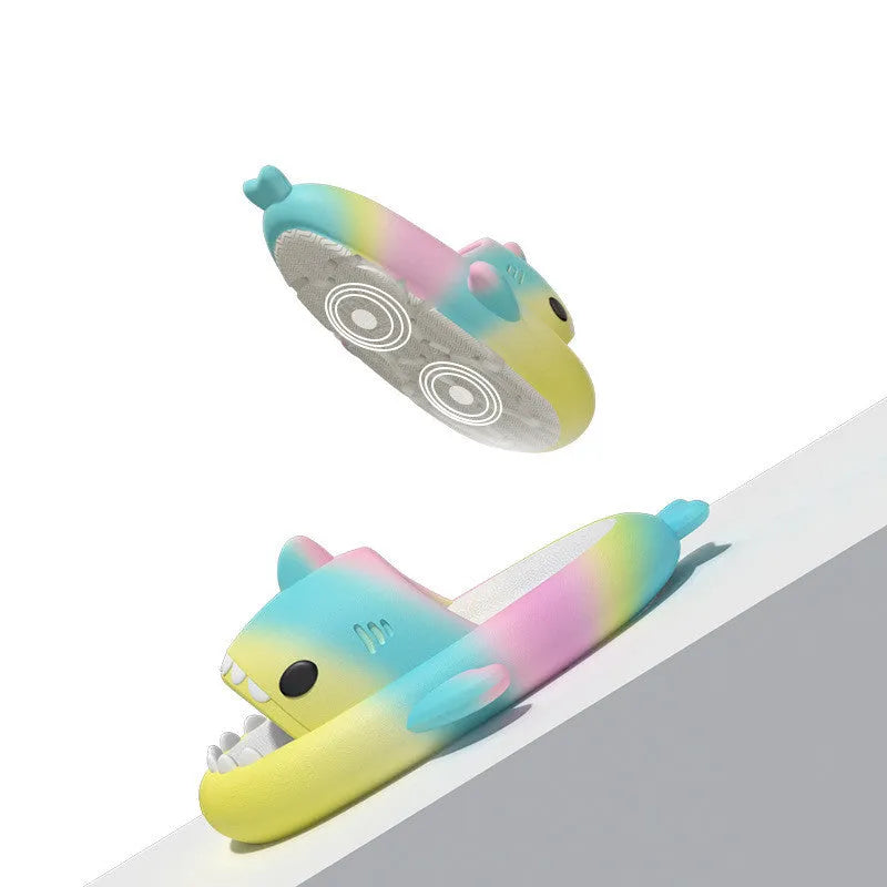 Women's gradient rainbow shark slippers by Nova Mart, cozy indoor summer shoes with colorful shark design on soft fabric.