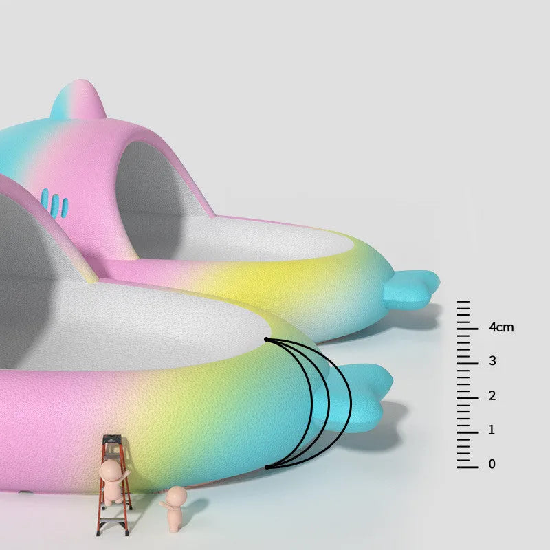 Women's gradient rainbow shark slippers from Nova Mart, indoor summer shoes with colorful shark design and comfortable slip-on style.