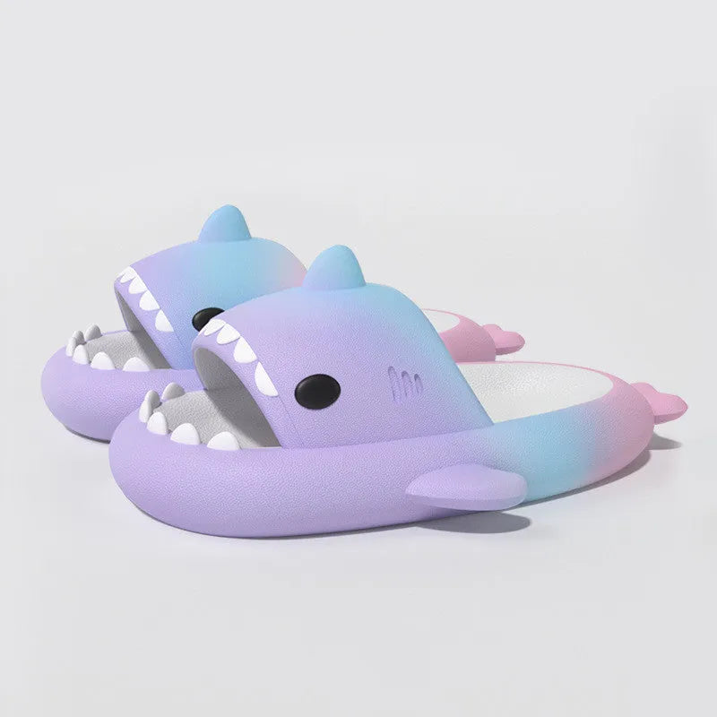 Women's gradient rainbow shark slippers by Nova Mart, cozy indoor summer shoes with colorful shark design.