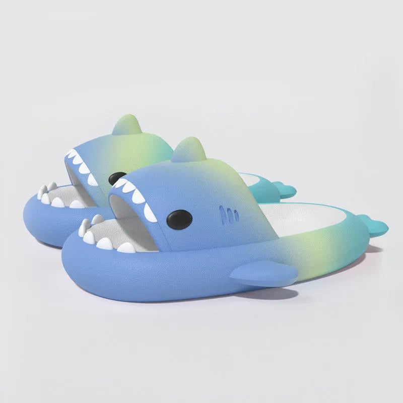 Women's rainbow gradient shark slippers by Nova Mart, cozy indoor summer shoes with fun shark design and vibrant colors.